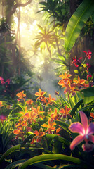 Fototapeta na wymiar Majestic Display of Vibrant JQ Orchids in Full Bloom amidst a Tropical Forest Landscape