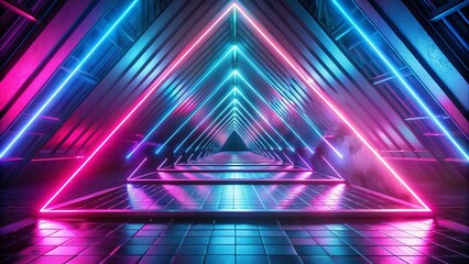 Naklejka premium 3d render, abstract background with pink blue glowing neon light triangle, geometric wallpaper with triangular tunnel