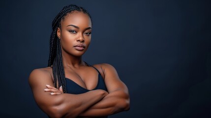 African woman displays strength in dynamic workout poses against studio backdrop