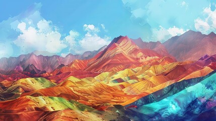 Colorful hills of Zhangye Danxia Geopark in China, vibrant landscape, digital painting