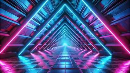 3d render, abstract background with pink blue glowing neon light triangle, geometric wallpaper with triangular tunnel