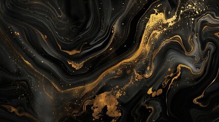 Luxurious golden paint swirls on black background, elegant abstract art, digital illustration - obrazy, fototapety, plakaty