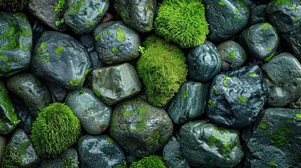a bunch of rocks with green moss growing on them