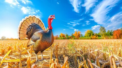 Majestic turkey proudly strutting through a harvested cornfield in the beautiful colors of autumn