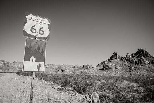 Historic Route 66 sign along Highway 10 in Arizona, USA.  Black and white image.
