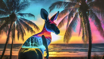 Foto op Plexiglas kangaroo, Doppelbelichtung, y2k, neon, vibrant, bunt, palmen, glow, blur, pink, turquoise, beach, meer, urlaub, tropisch, neu, modern, copy space, karte, konzept, reklame, Australien © jeepbabes