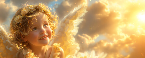 Happy little baby angel flying in sky. Angelic boy with wings. Fairy tale book character. Religious symbol. Happy Easter, Ascension Day. Holiday greeting card