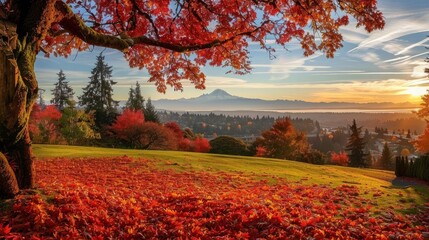 A photo of red autumn leaves with Mount Rainier in the background, captured in Burien, Washington.