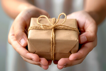 Hand holding a small brown gift box wrapped in paper
