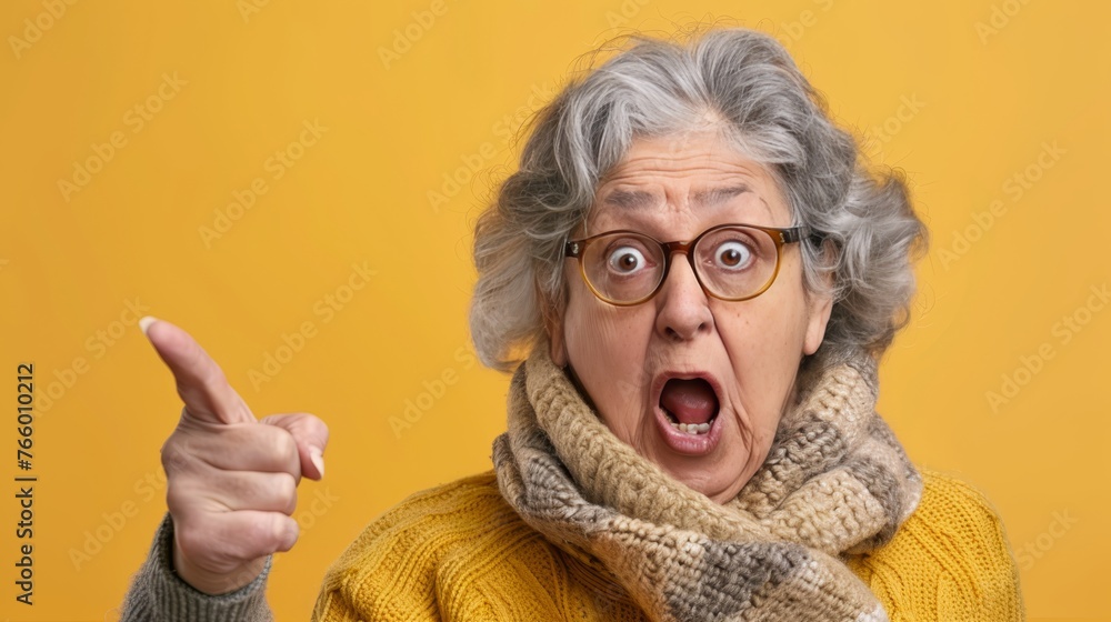 Poster elderly person pointing enthusiastically on soft colored backdrop with space for text