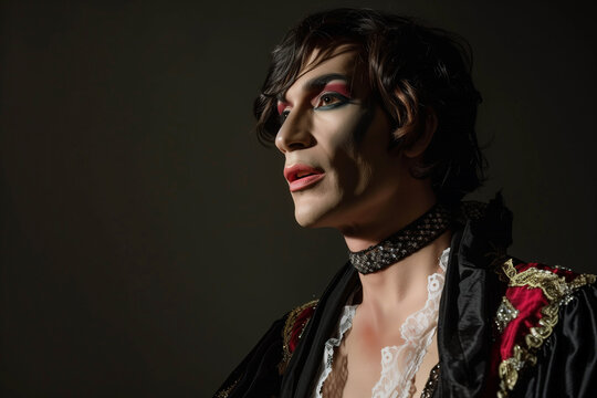 Transvestite man, copy space of a person with make-up and dressed as a woman with short hair for gay pride day
