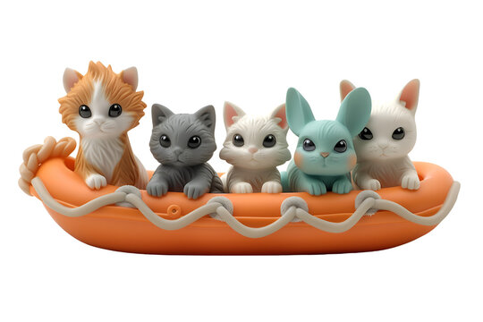A heartwarming 3D cartoon render of cute animals (dog, cat, rabbit) being rescued in a cartoon rescue boat.