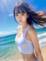 夏空のビーチで水着を着た若い女性