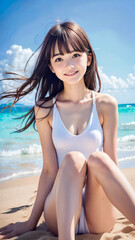 夏空のビーチで水着を着た笑顔の若い女性