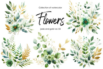 set of watercolor flowers and leaves on white background. hand painted flowers, gold and jade flowers witn leaves. wedding invitation, card, greeting card or invitation. vector collection