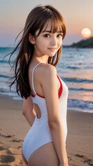 夕暮れのビーチで水着を着た笑顔の若い女性