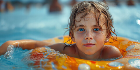 Portrait of a little girl in an inflatable circle in the pool - obrazy, fototapety, plakaty