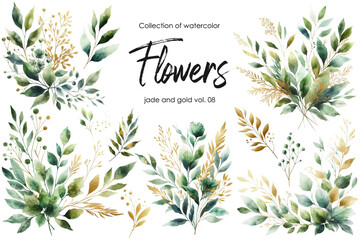 set of watercolor flowers and leaves on white background. hand painted flowers, gold and jade flowers witn leaves. wedding invitation, card, greeting card or invitation. vector collection - obrazy, fototapety, plakaty