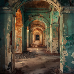 Mystical Corridor in Abandoned Building with Arches