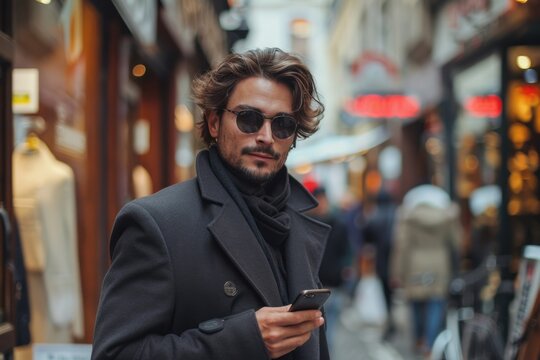 Elegant and stylish young man sending message on cellphone in the street. Lifestyle concept.