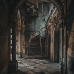 Mysterious Abandoned Mansion Interior with Grand Staircase - obrazy, fototapety, plakaty