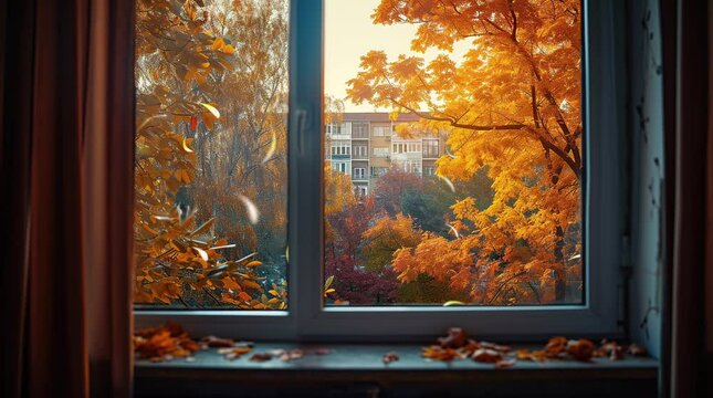 Autumn leaves viewed through a window, bringing seasonal warmth indoors
  Seamless looping 4k time-lapse virtual video animation background. Generated AI