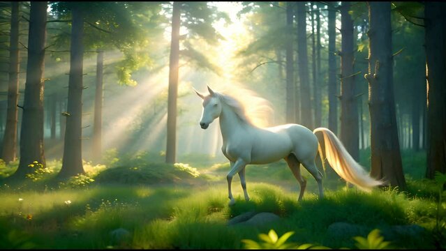 a serene forest glade where a graceful unicorn gracefully prances among the trees