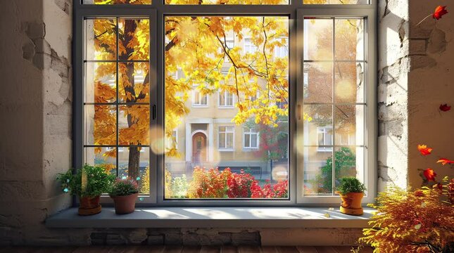 Idyllic autumn landscape seen through a cozy window, bathed in warm golden hues.
 Seamless looping 4k time-lapse virtual video animation background. Generated AI