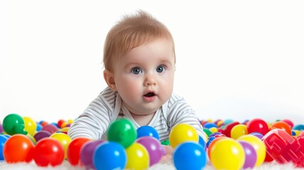 a cute little tiny baby child playing with toys in a play room at home. sitting and laying under parents attention. isolated on white wallpaper background