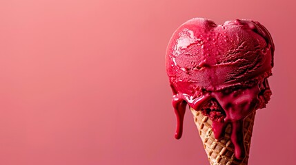 A captivating closeup of a red heartshaped ice cream scoop on a cone, melting against a vibrant, solid color background - obrazy, fototapety, plakaty