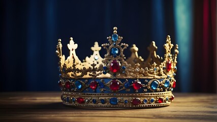 Beautiful queen king crown resting atop a wooden table in a low-key photograph. antique blue, red, and gold filtered crown