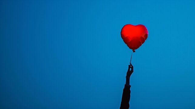 Silhouette of a hand holding a vibrant red heartshaped balloon, set on a deep blue background, symbolizing endless love
