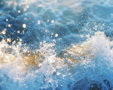 Ocean wave texture background. Close-up water spraying, flowing, splashing and crashing. White, blue and gold color scheme. Exciting tropical summer vacation concept. 
