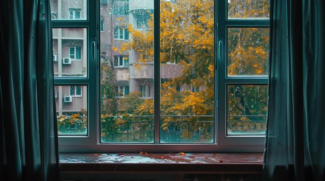 Inviting autumn ambiance: A cozy window frames a picturesque landscape adorned with vibrant fall foliage, evoking warmth Seamless looping 4k time-lapse virtual video animation background. Generated AI