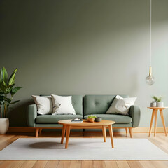 Wooden coffee table and lounge chair near gray sofa against green wall. Scandinavian home interior design of modern living room.