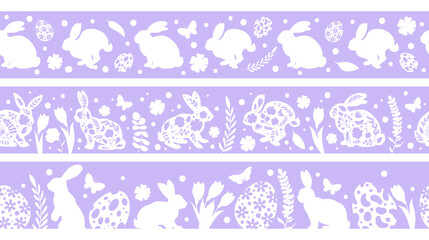 Easter bunny seamless borders. Cute rabbits dividers with Easter eggs and flowers, Easter eared hares frame borders flat vector illustration set. Spring holiday borders