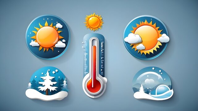 Icons for thermometers. A thermometer including a sun and a snowfall, as well as icons for heat and cold. Vector icons