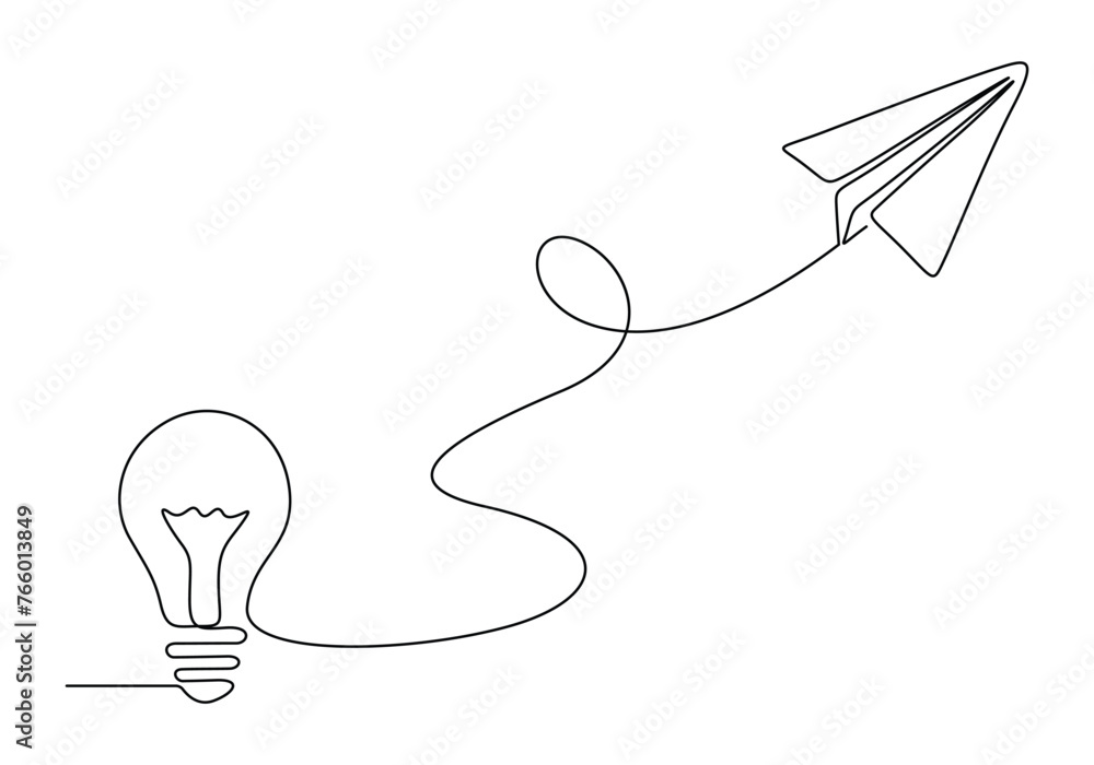 Aufkleber light bulb and airplane continuous one line drawing vector illustration. free vector