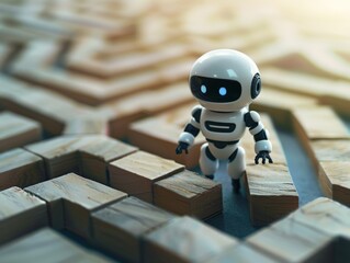 AI Navigating the Labyrinth: A miniature robot pauses at a crossroads within a complex wooden maze, symbolizing the challenges and triumphs of artificial intelligence in problem-solving and decision