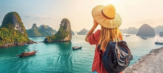 Ha long bay  unesco world heritage site with limestone islands in vietnam for travelers - obrazy, fototapety, plakaty