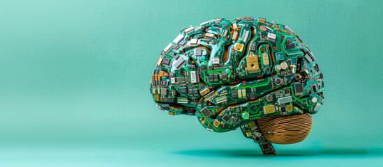 Human Brain with Microchip Implants. AI Brain embedded with Silicon Chips for a Cyborg Robot. Room for Copy & Text. 