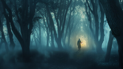 Person with lantern in the middle of foggy forest