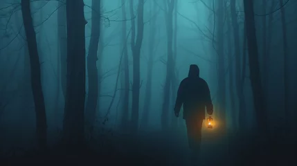 Foto op Plexiglas Person with lantern in the middle of foggy deep forest © Maizal