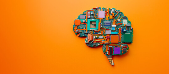 Human Brain with Microchip Implants. AI Brain embedded with Silicon Chips for a Cyborg Robot. Room for Copy & Text. Orange Background.