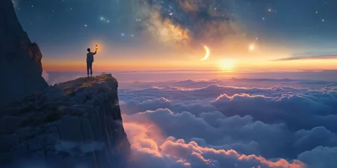 Person with lantern on the edge of rock cliff with sea of clouds and milky way stars at sunrise © Maizal