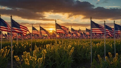 American flags at Sunset Memorial or Veterans Day,4 July,independence day,labor day - obrazy, fototapety, plakaty