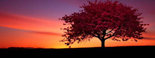 Lone Tree on Horizon at Sunset with Pink and Orange Sky