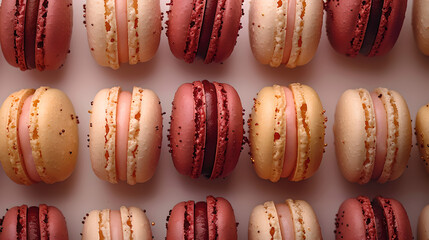 top down view of pastel colored macrons in red, orange, rose and cream colors on white background