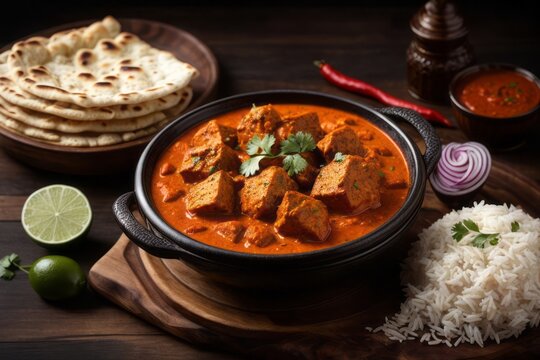 Traditional indian dish chicken tikka masala with spicy curry meat in bowl, basmati rice and naan bread on a wooden table