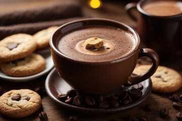 hot chocolate in cup, coffee beans and freshly baked cookies on wooden table for breakfast